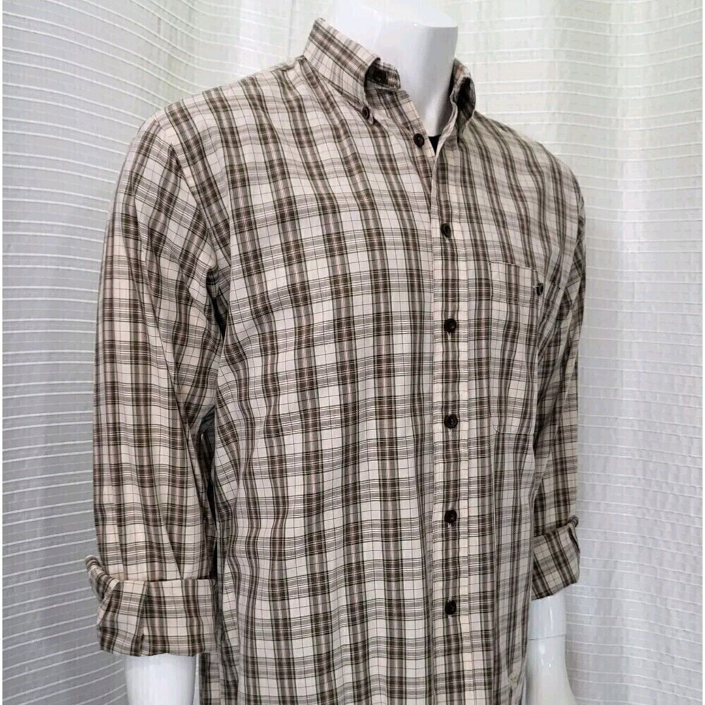 BURBERRY LONDON Button Down Shirt Plaid Brown Tan Made in USA Men's M